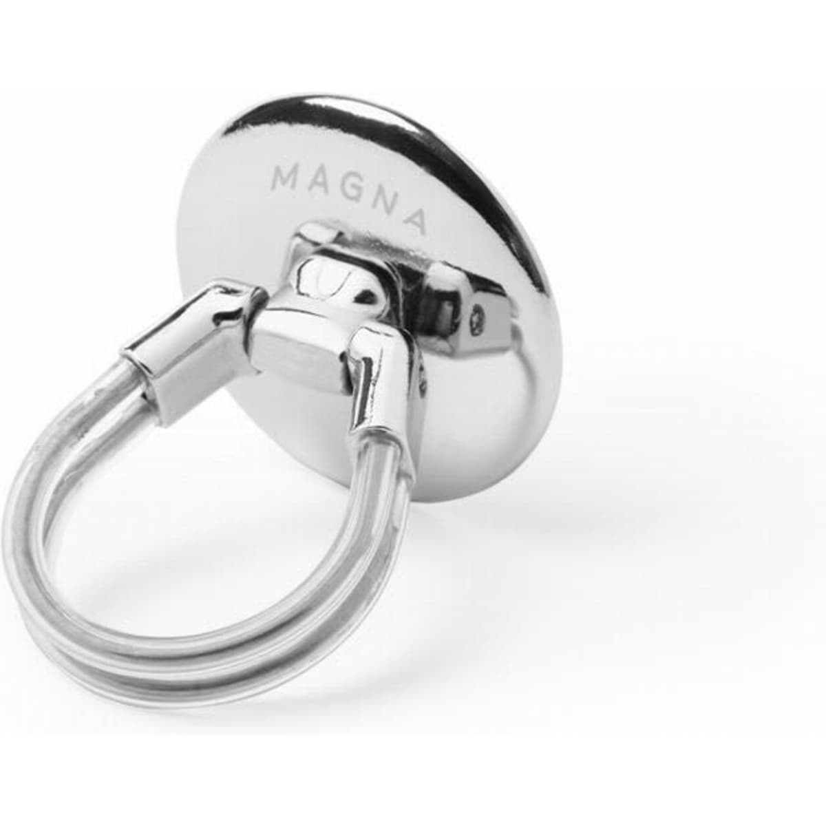 A chrome-plated ring with a circular back plate, featuring a logo. The design is sleek and modern.