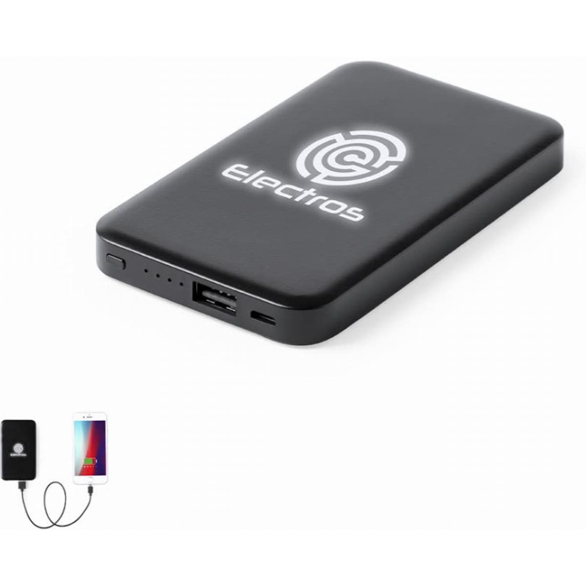 A black power bank featuring a logo, USB output, and a charging cable connecting to a smartphone.