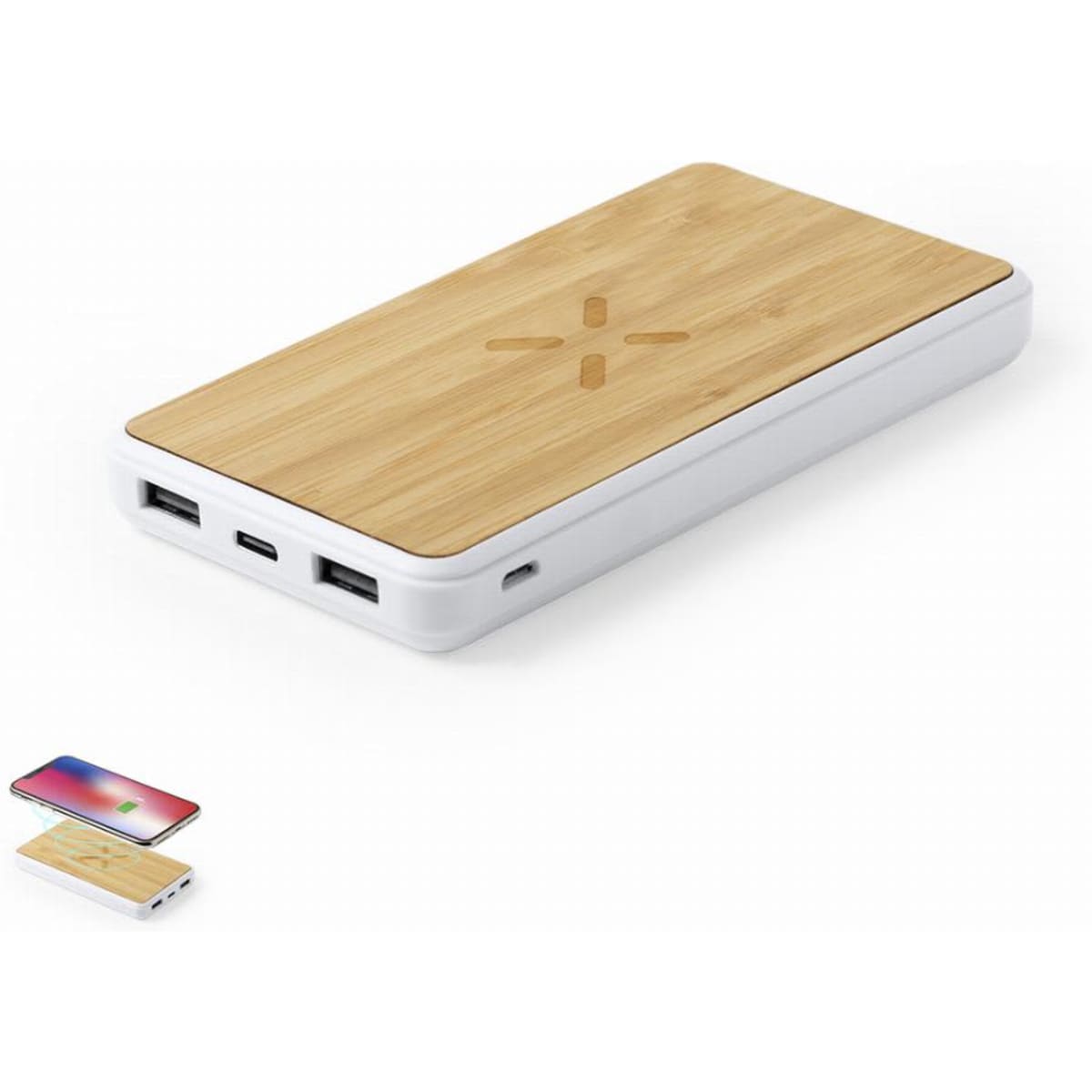 A portable charger with a bamboo top and a white body, featuring USB and USB-C ports.