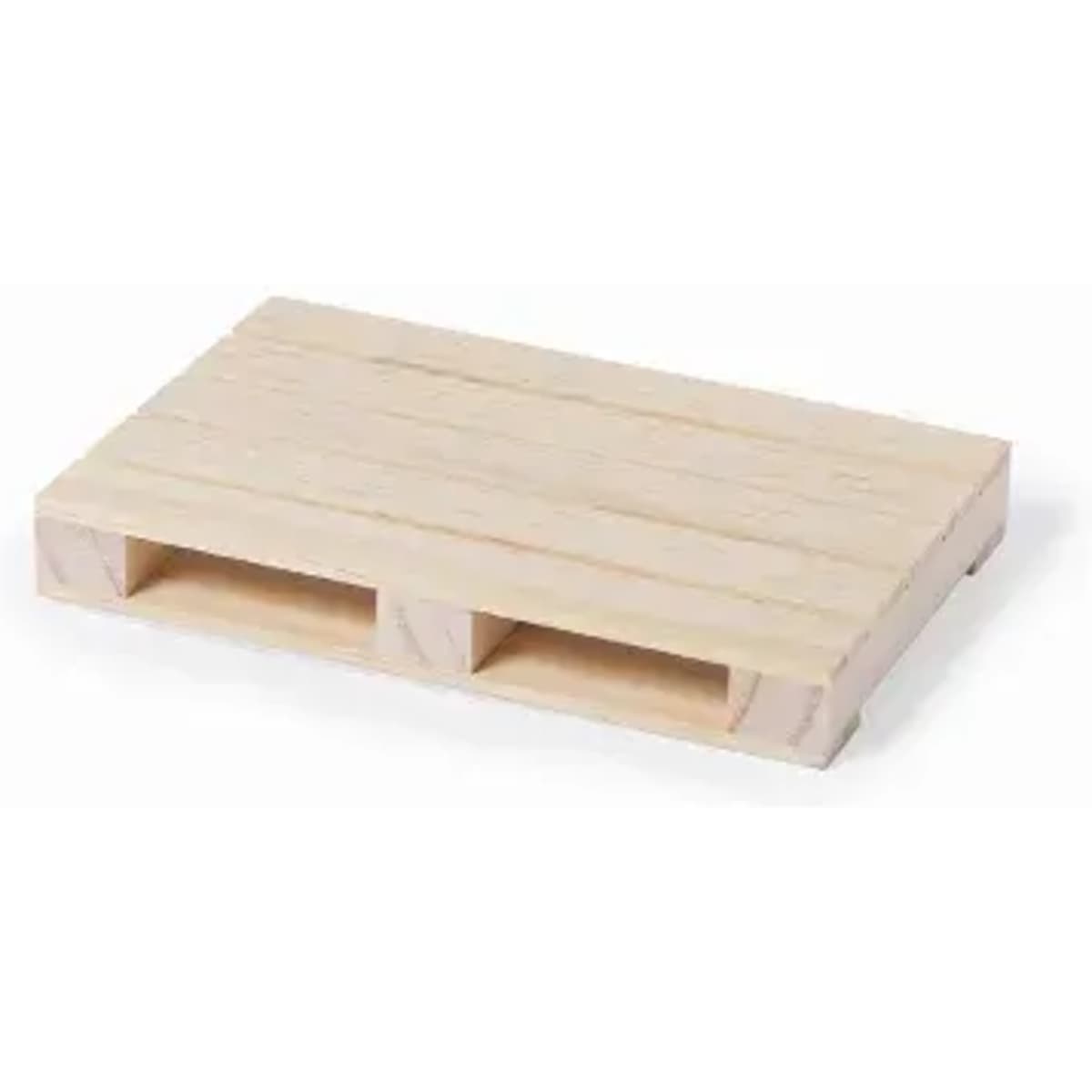 A wooden pallet in a natural finish, featuring slats and cut-out handles on the sides.