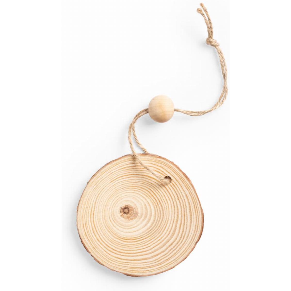 A wooden tag with a natural finish, featuring a round shape and a twine loop with a wooden bead.