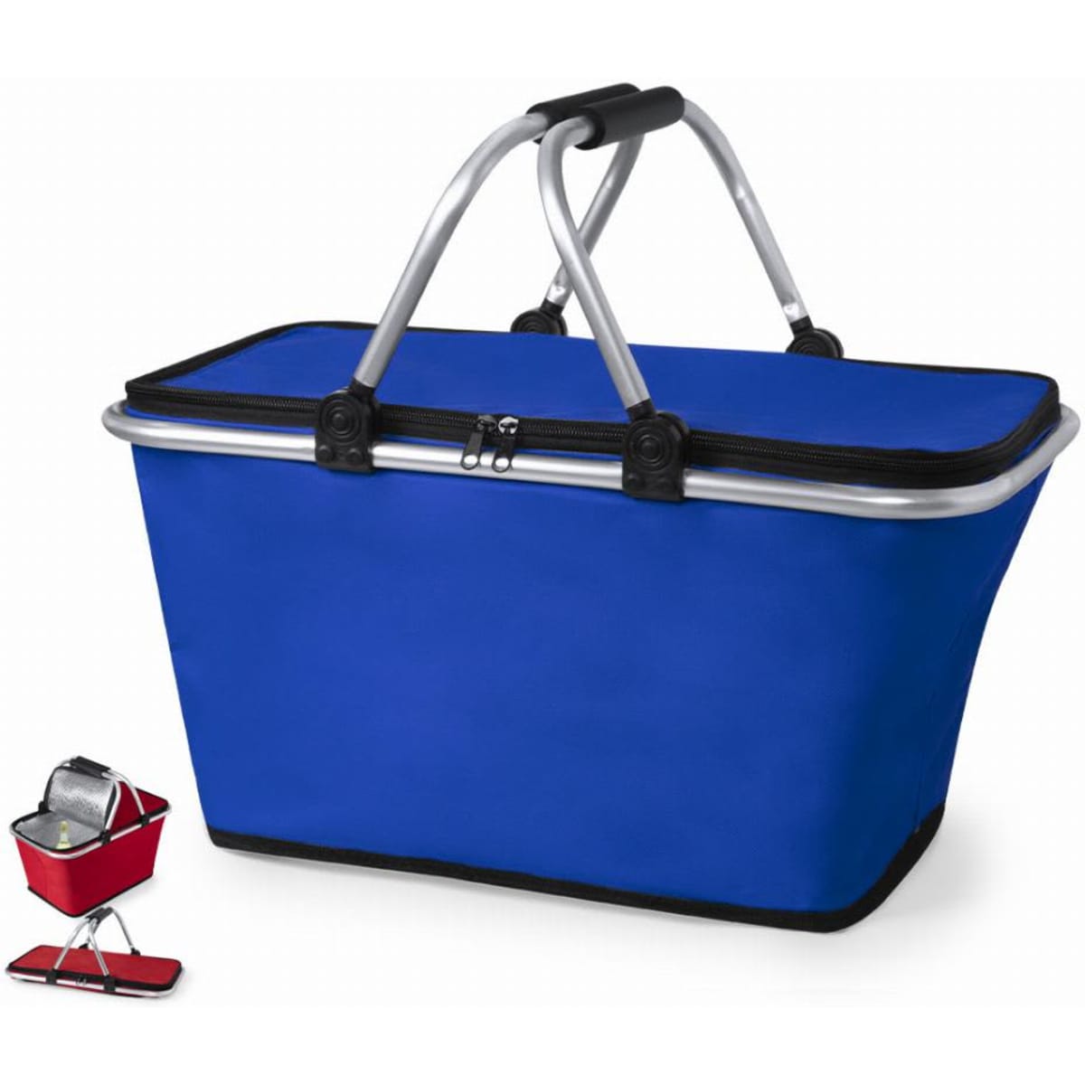 A blue insulated shopping basket with silver handles and a collapsible design. It features a sleek, modern shape.