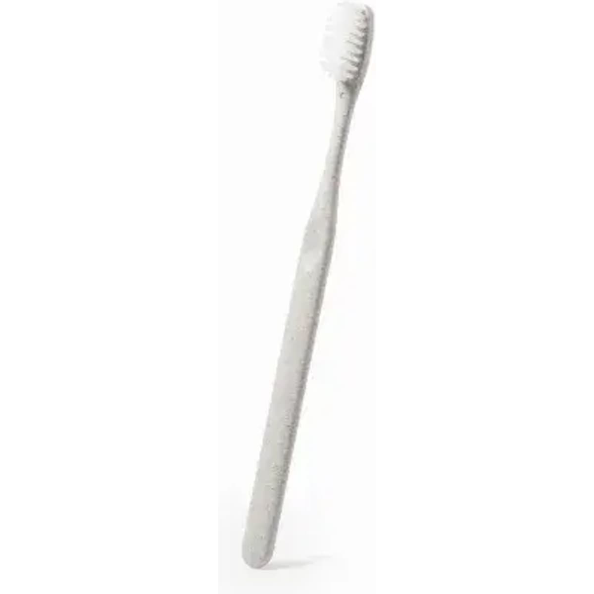 A grey toothbrush with soft bristles and a slender handle, designed for dental care.