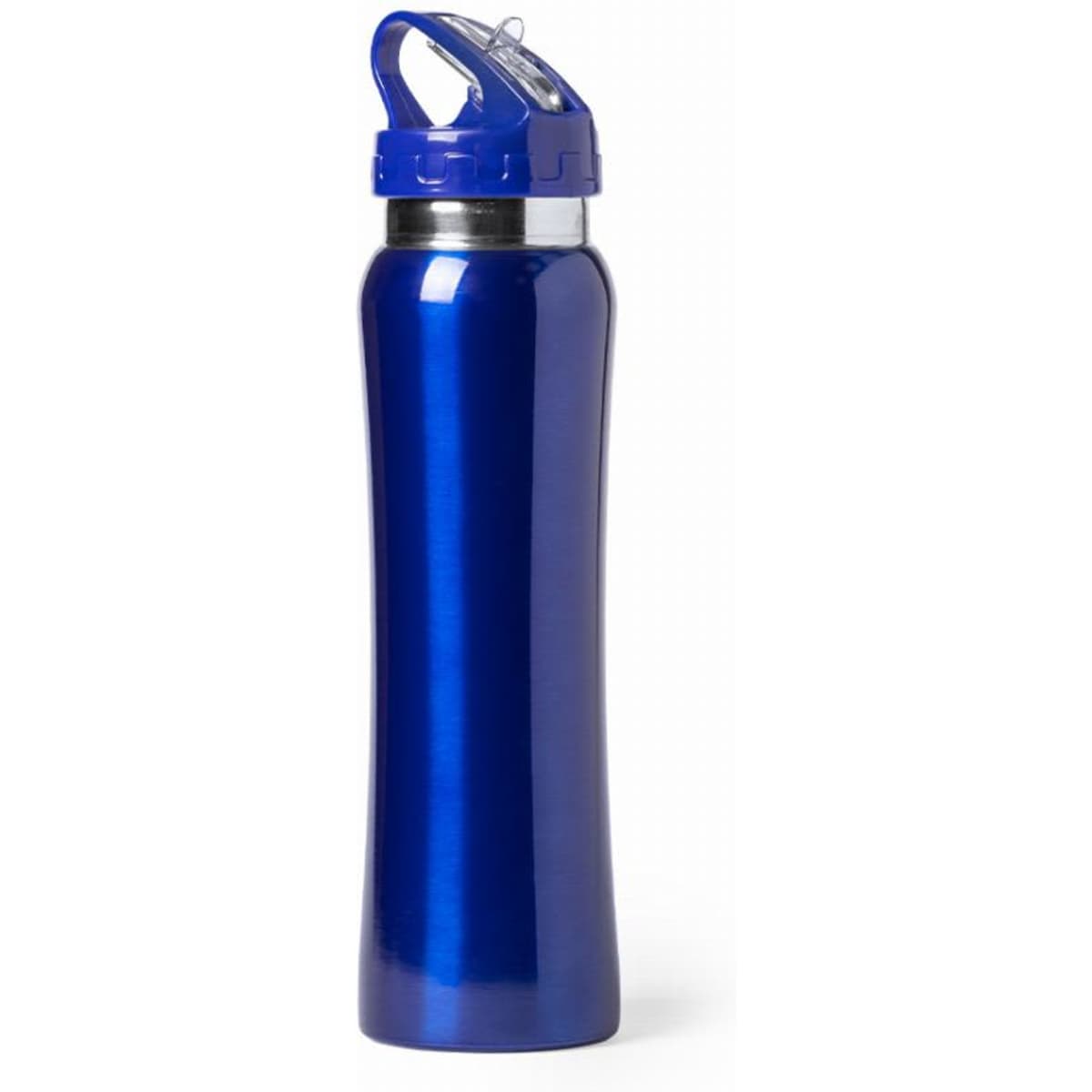 A drink bottle in a shiny royal blue with a silver cap and a blue handle. It features a logo on the body.