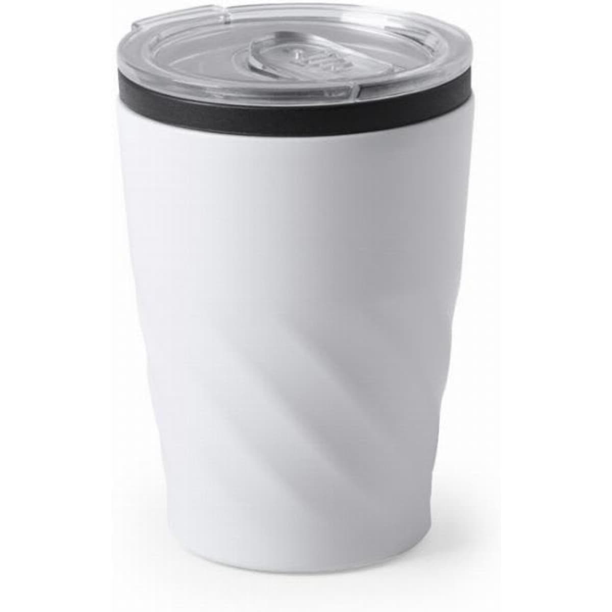 A drink bottle in matte white with a textured design and a clear lid. It features a black rim and a logo.