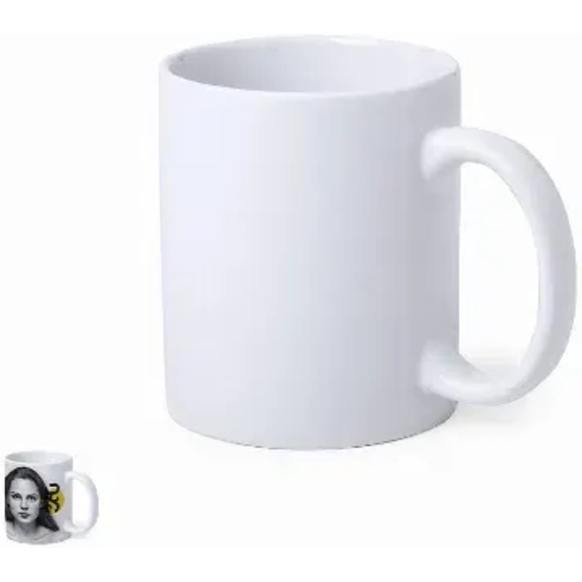 A drink mug in a plain white colour with a smooth surface and a handle. It has a branding logo.