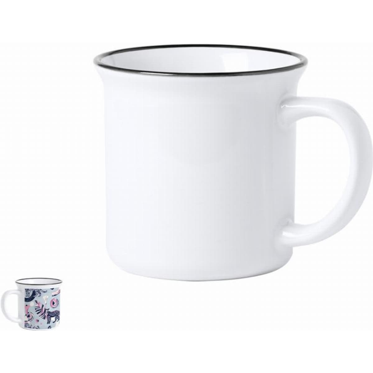 A drink bottle in white with a black rim, featuring a handle and a simple design. This item has a logo.