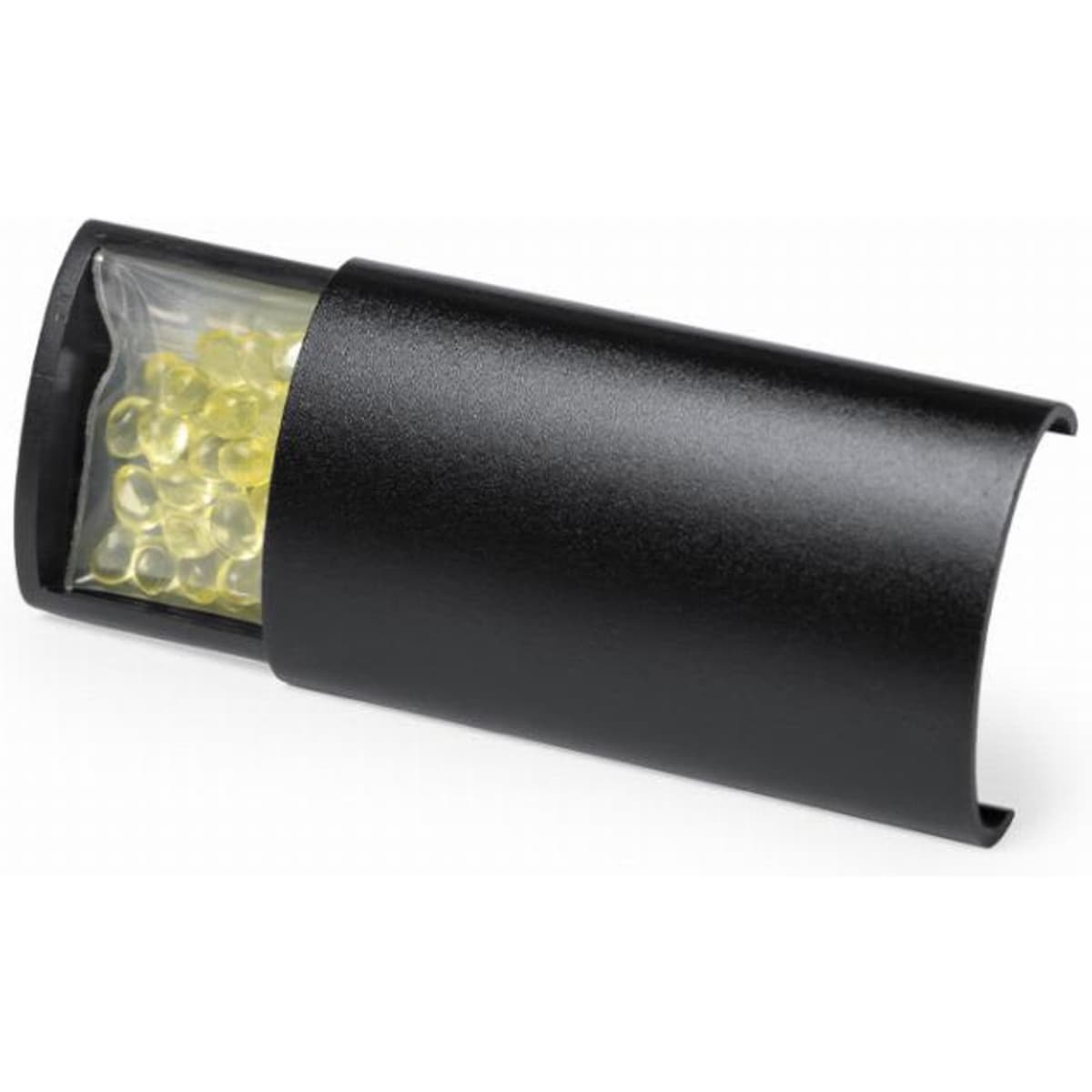 A compact black container with a transparent window, showcasing small yellow beads inside. It has a sleek design.