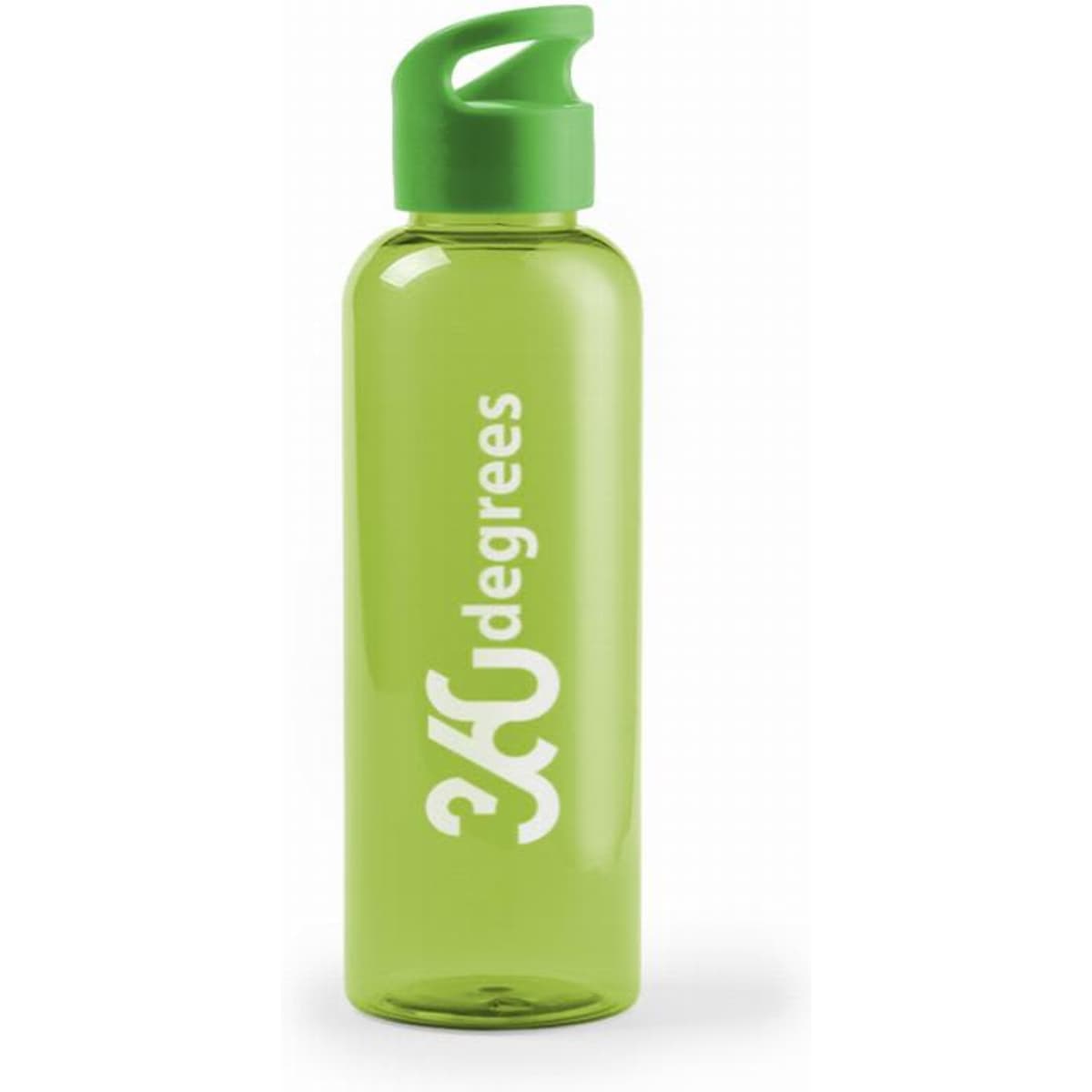 A drink bottle in a vibrant green colour with a flip-top lid and a logo printed on the side.