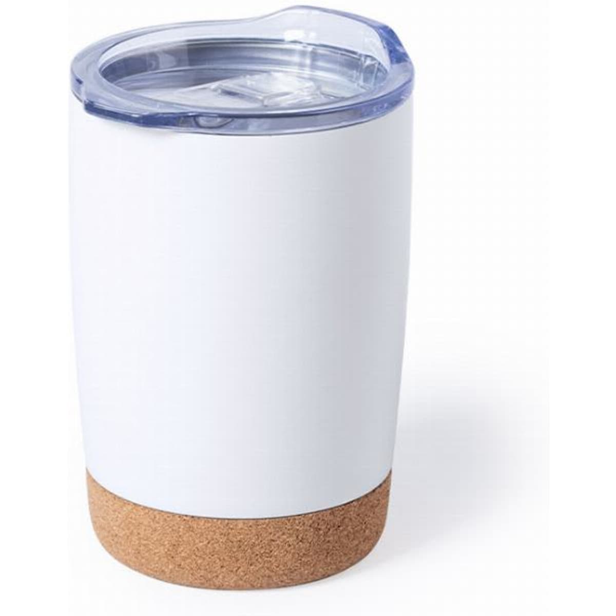 A drink bottle in white with a cork base and a clear lid. The design is sleek and modern.