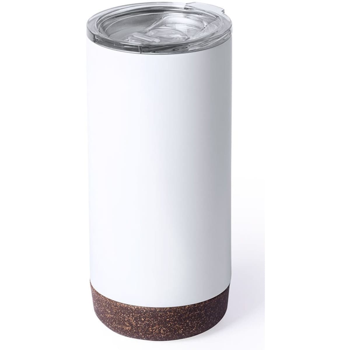 A drink bottle with a white body and a cork base, featuring a clear lid.