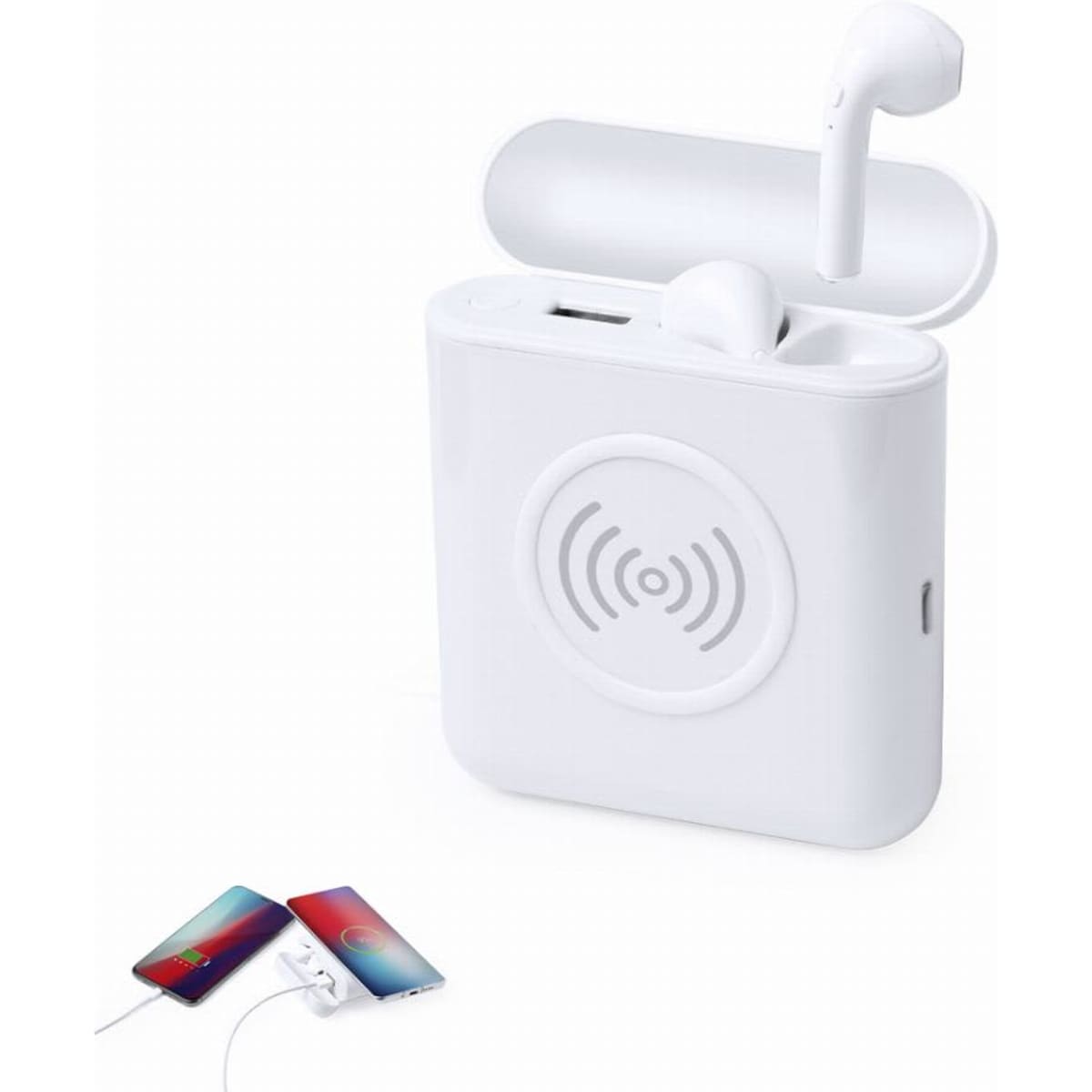 A wireless earbud charging case in white with wireless charging capability, alongside two smartphones.