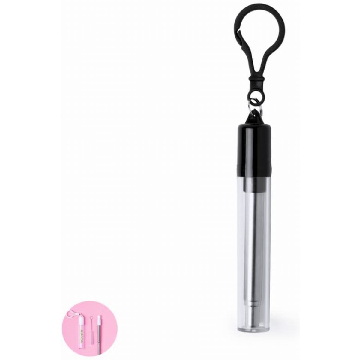 A clear, cylindrical drink bottle with a black cap and keychain attachment for easy carrying.