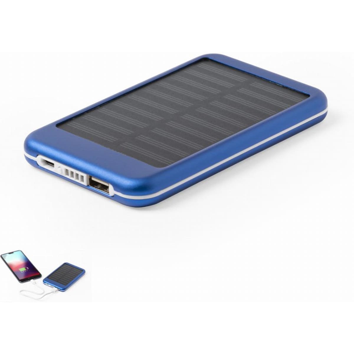 A blue solar power bank with a sleek design, featuring a USB port and a solar panel on the top surface.