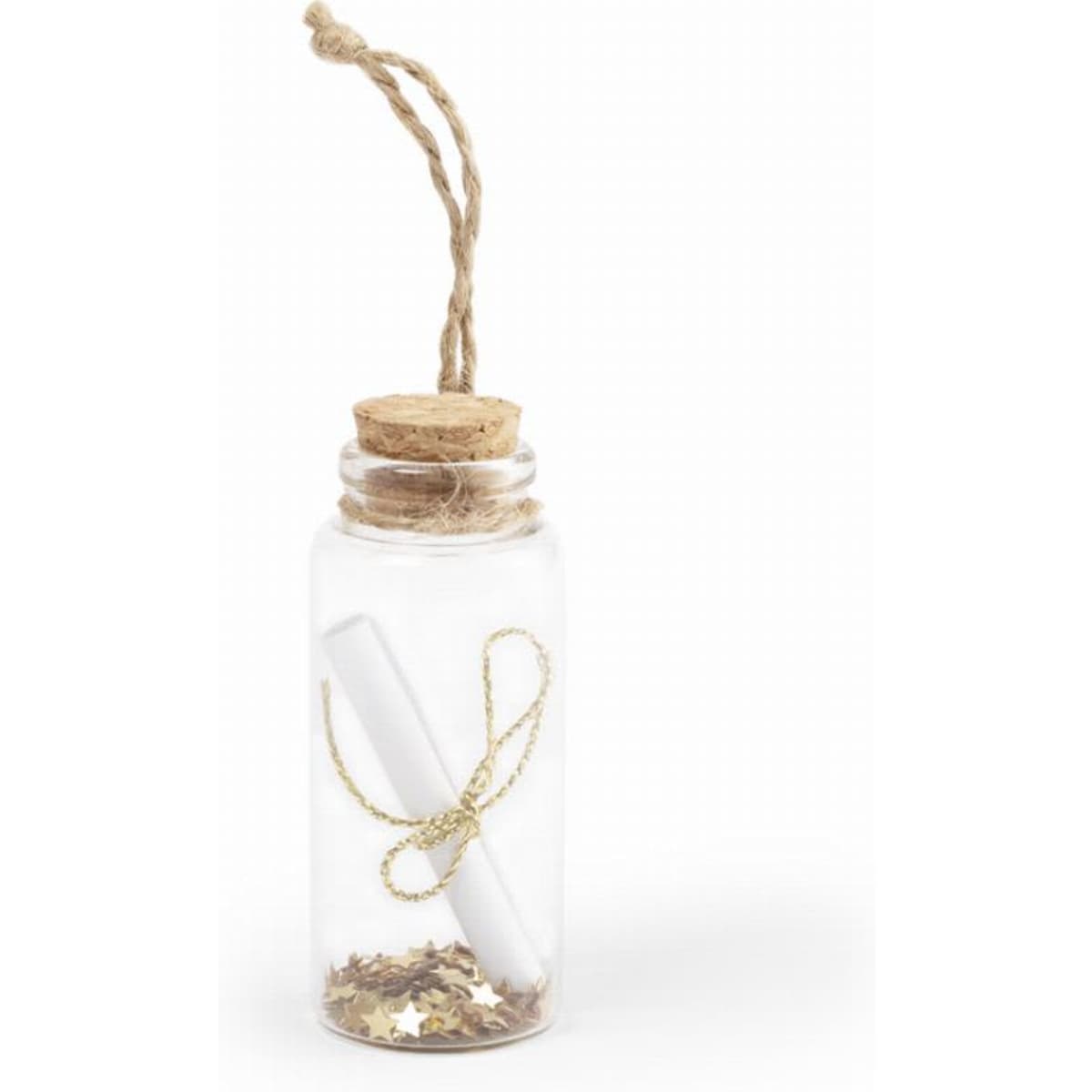 A glass bottle with a cork stopper, twine, and colourful stars inside, holding a rolled paper tied with gold string.