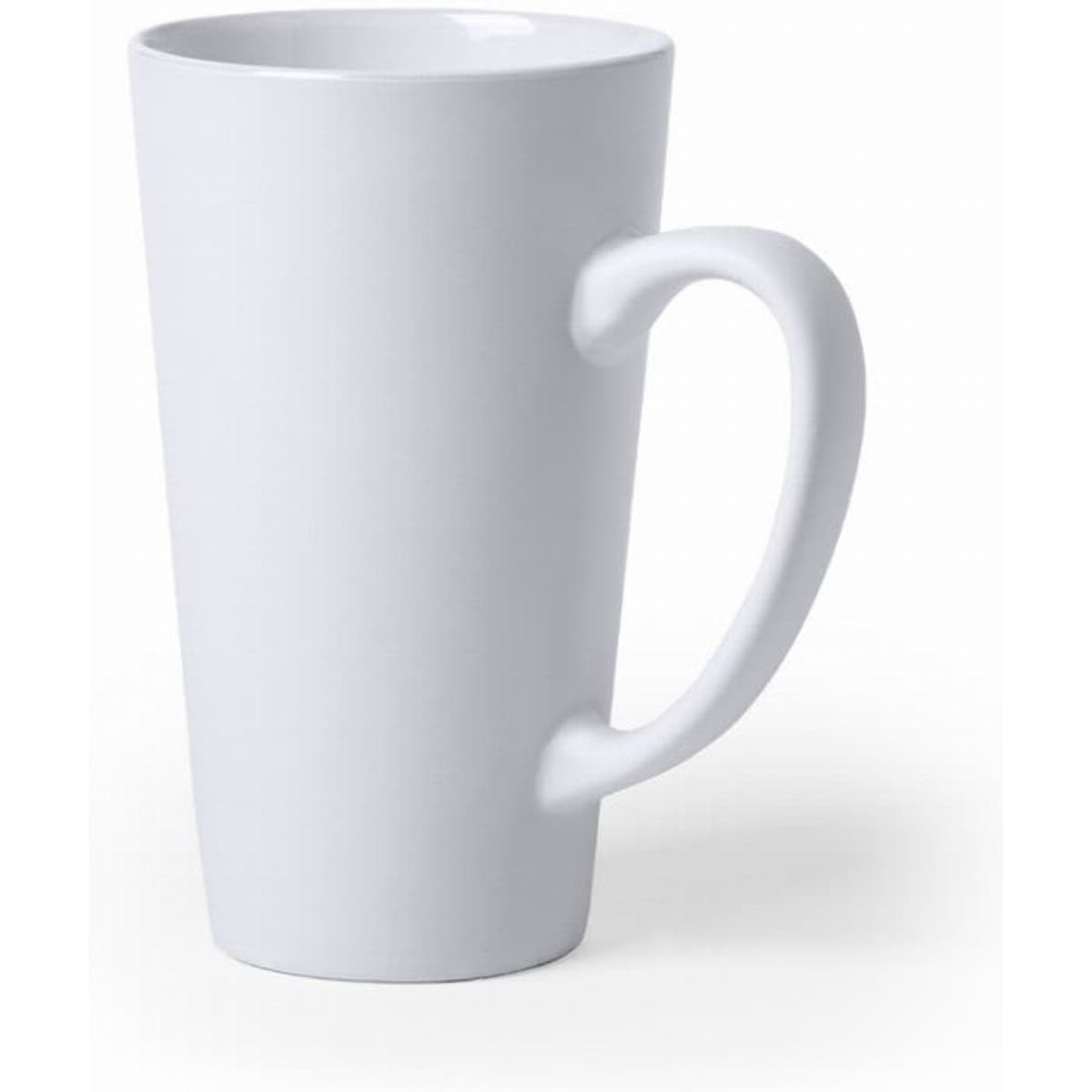 A white drink mug with a tall, cylindrical shape and a curved handle. It has a smooth, glossy finish.