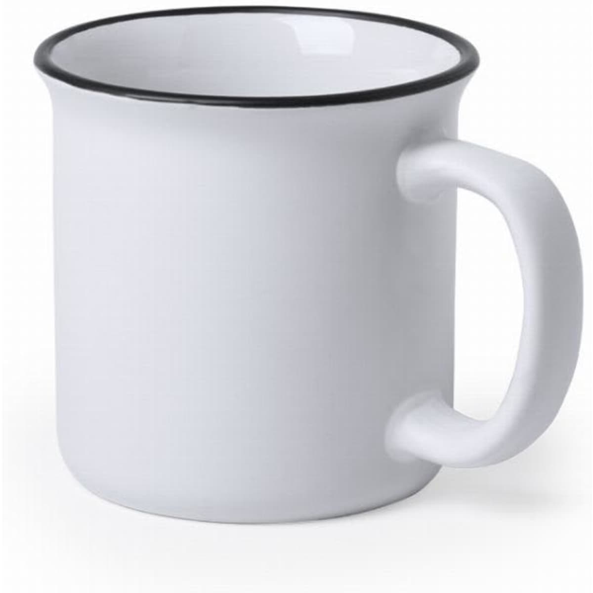 A drink bottle in white with a black rim and a sturdy handle. It features a classic mug design.