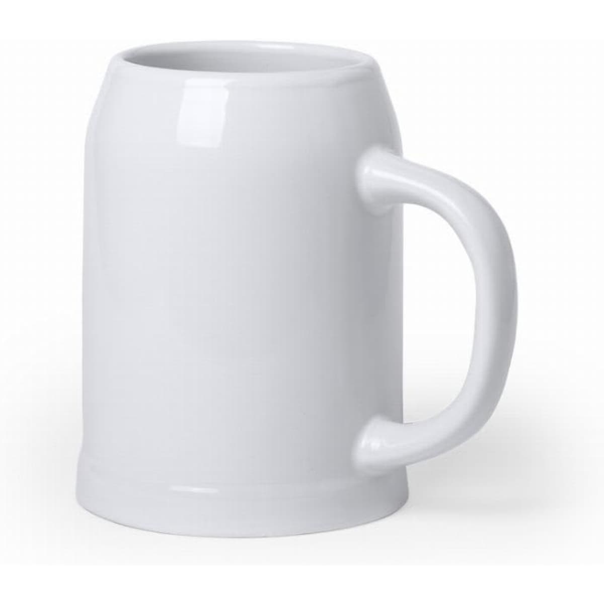A white ceramic mug with a sturdy handle and a classic barrel shape. It features a smooth, glossy finish.