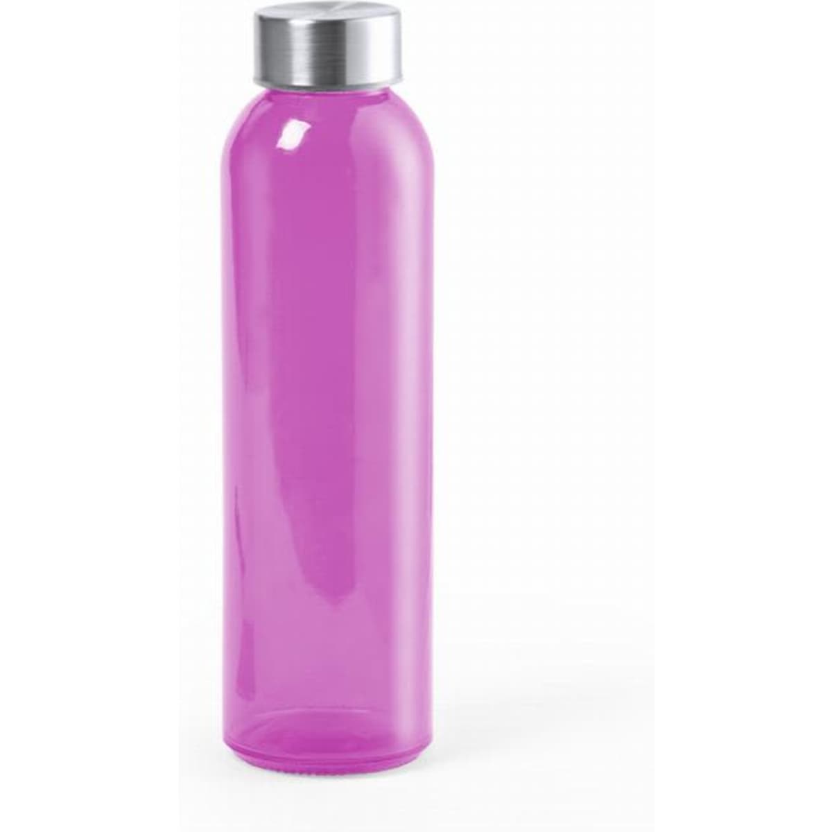 A drink bottle in vibrant pink with a silver cap, featuring a sleek and minimalist design.