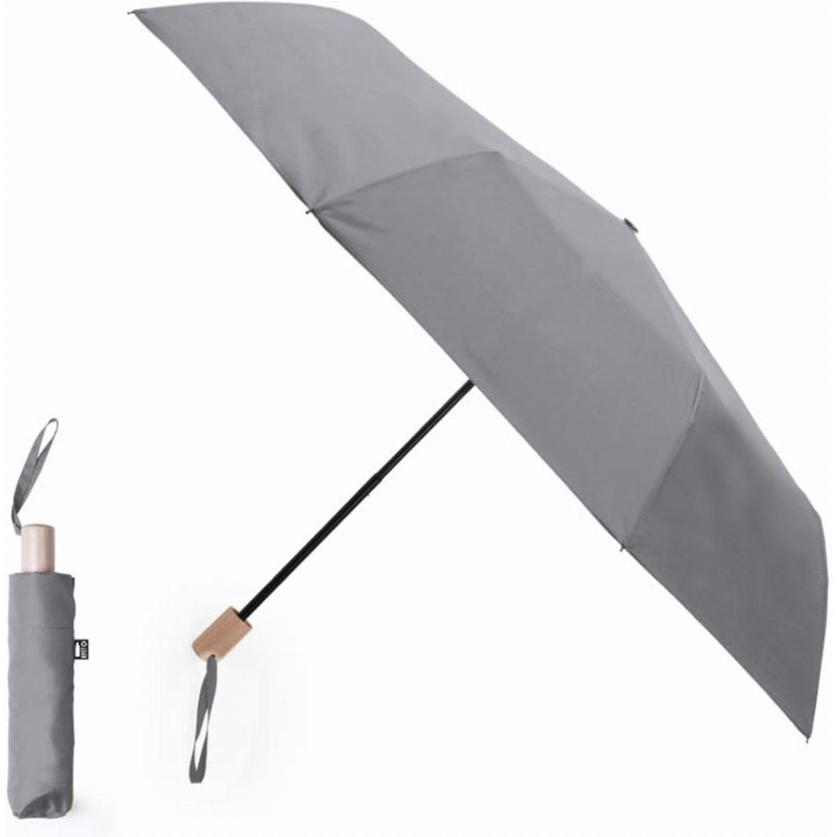 A grey umbrella with a wooden handle, accompanied by a matching carrying case.