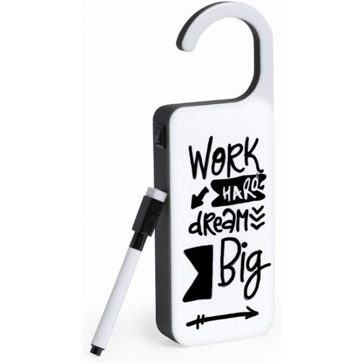 A phone holder in white with a black design featuring motivational phrases and a pen. It has a hook for easy hanging.