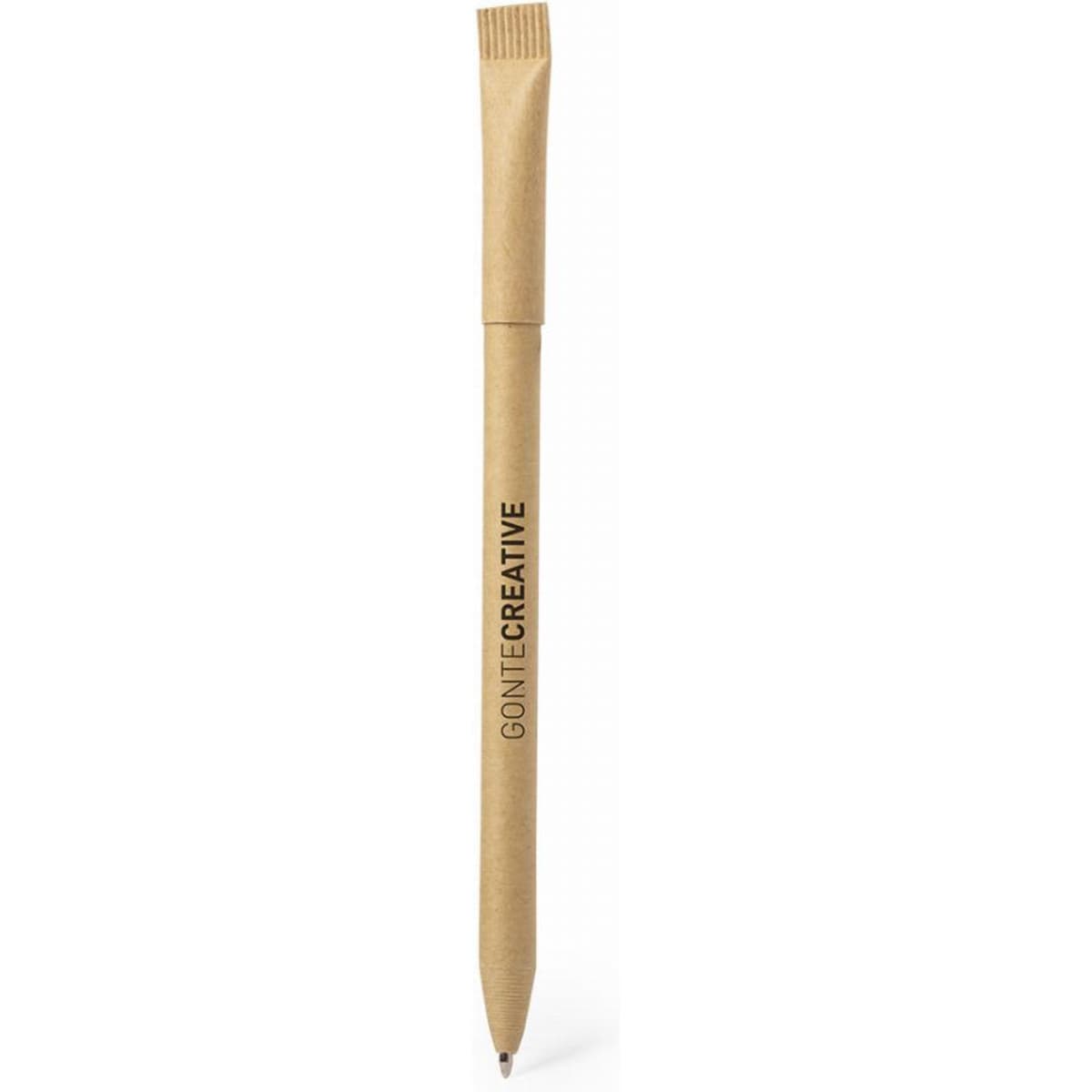 A biodegradable pen in a natural brown colour with a sleek design and a branding logo.