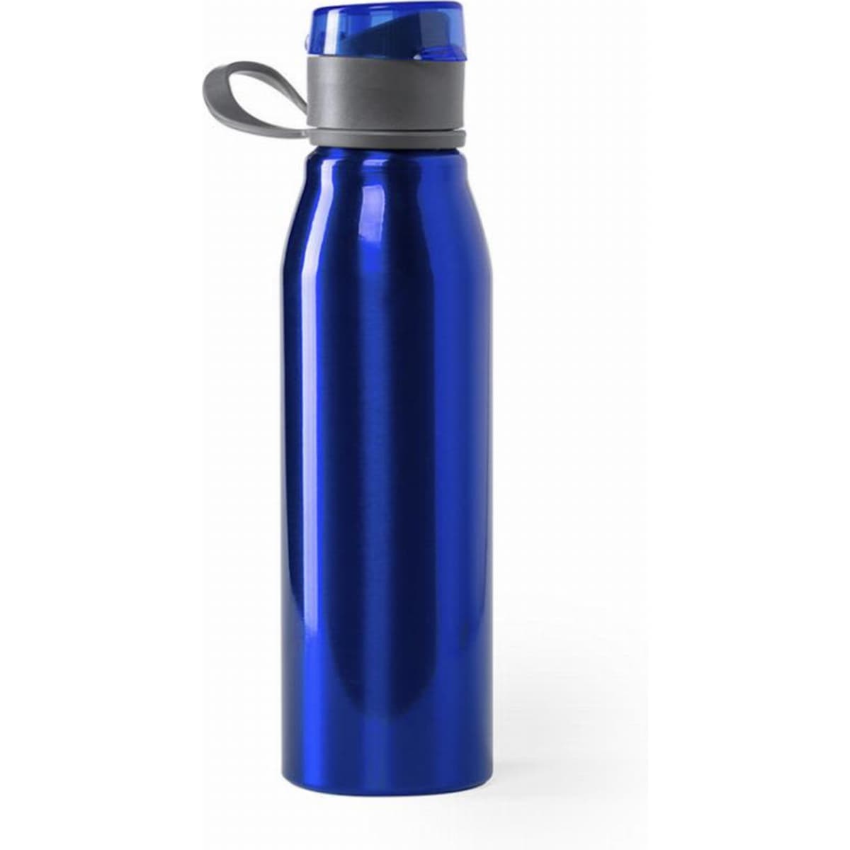 A drink bottle in a shiny blue finish with a grey lid and a carrying loop. Features a logo on the side.