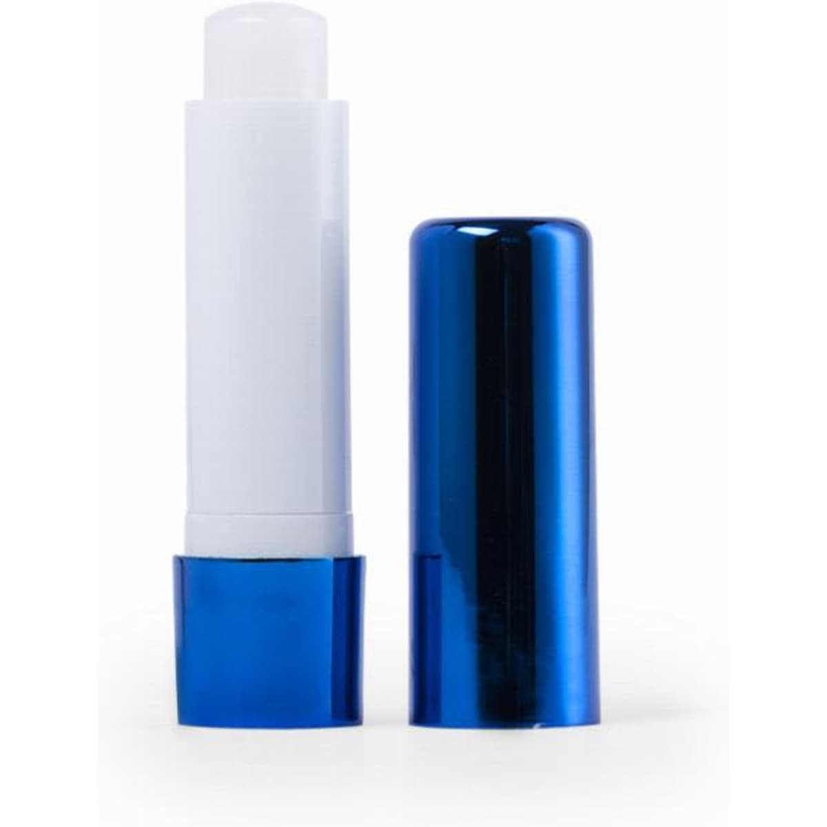 A drink bottle with a white body and a shiny blue cap, featuring a logo on the cap.