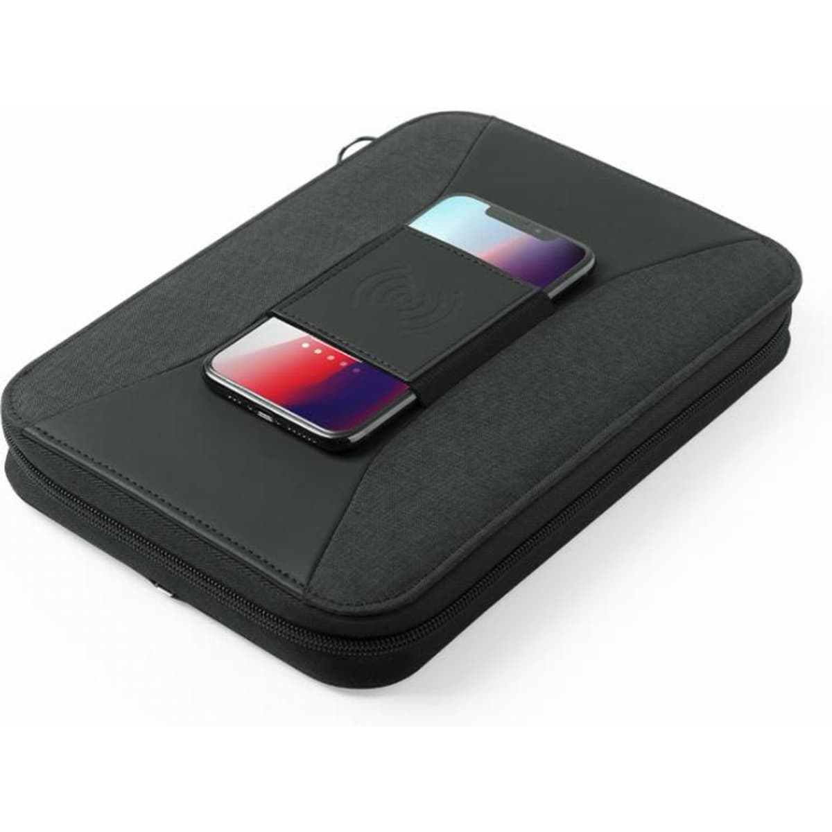 A laptop sleeve in dark grey with a phone resting on top, featuring a wireless charging area.