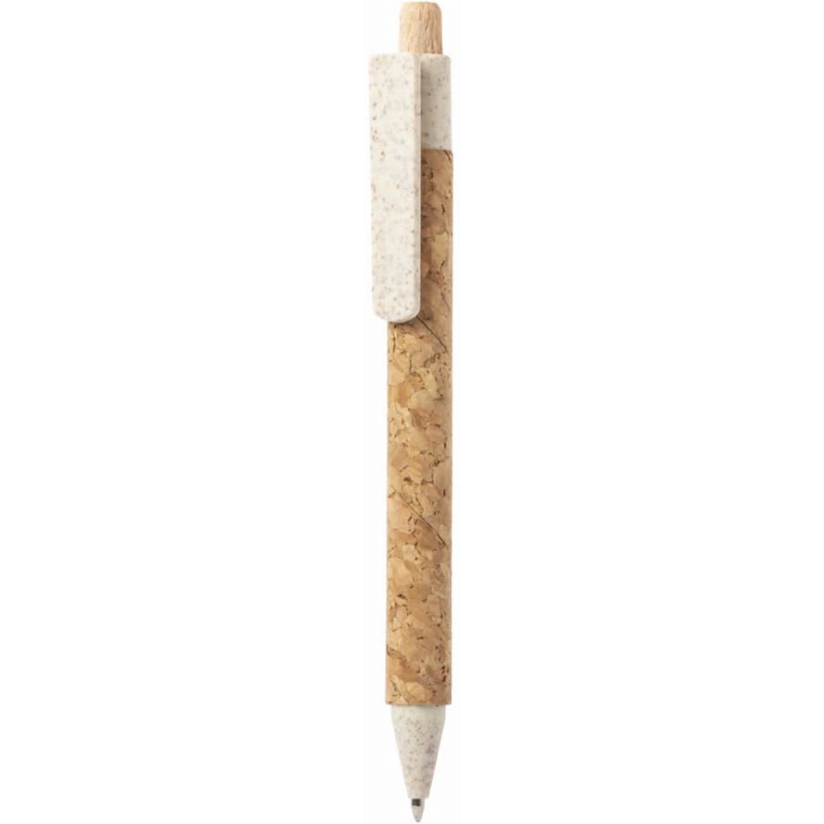 A pen featuring a cork body and a white clip, with a sleek design and minimalistic style.