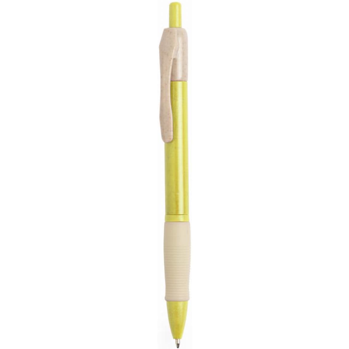 A pen with a yellow barrel, beige clip, and a textured beige grip for comfortable writing.