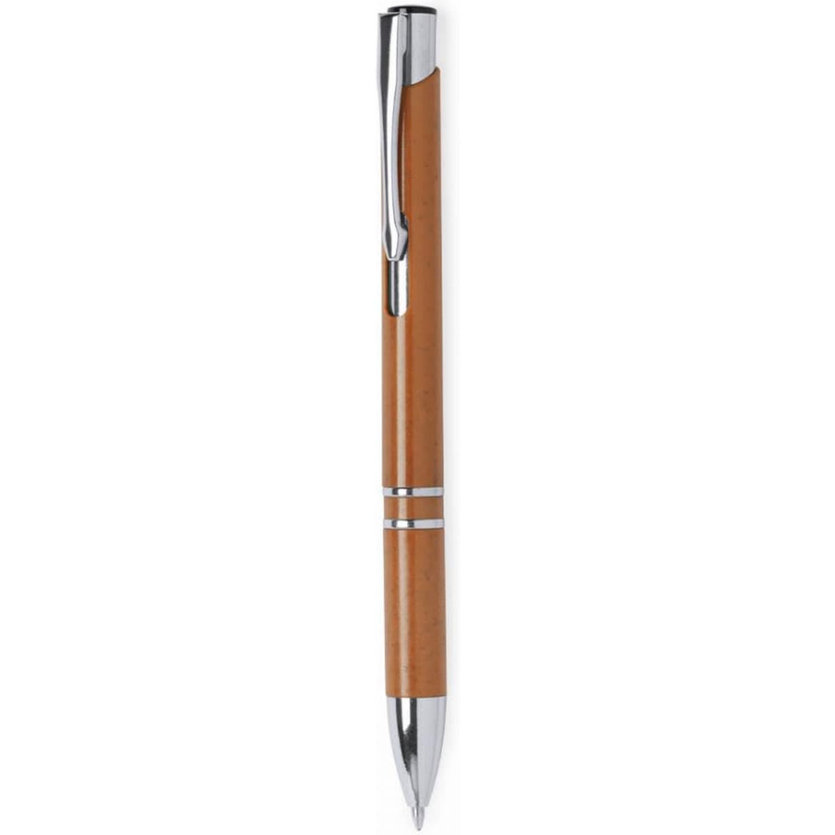 A pen with a sleek design, featuring a brown barrel and silver accents. It has a clip and a shiny tip.