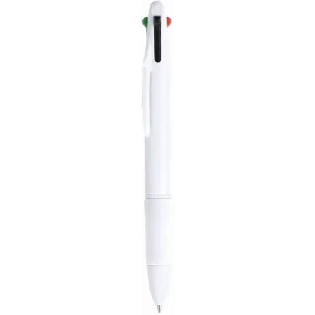 A white pen featuring three colours on the top: green, red, and black. It has a sleek, modern design.