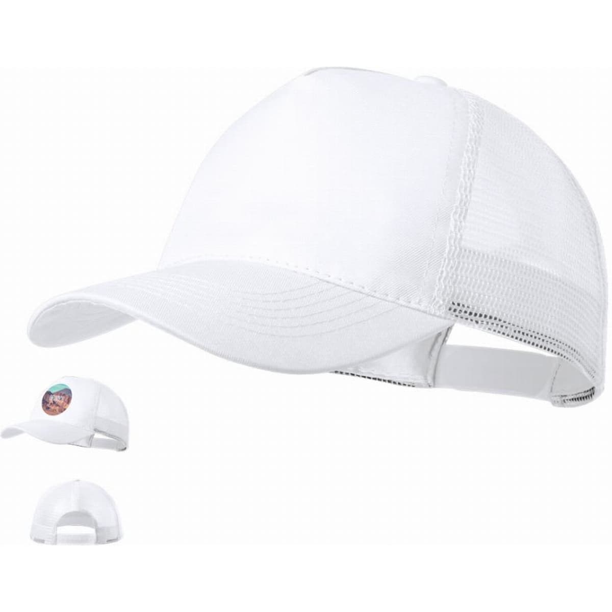 A white baseball cap with a mesh back and an adjustable strap, featuring a small logo on the front.