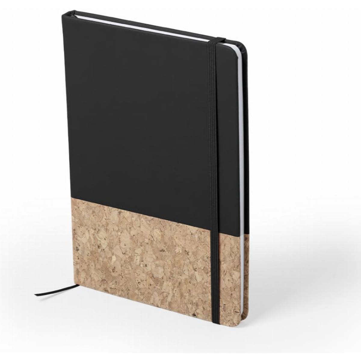 A notebook featuring a black cover and a cork base, secured with a black elastic band.