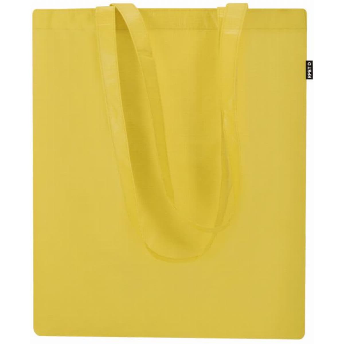 A yellow tote bag with two shoulder straps and a simple design. It features a logo on one side.