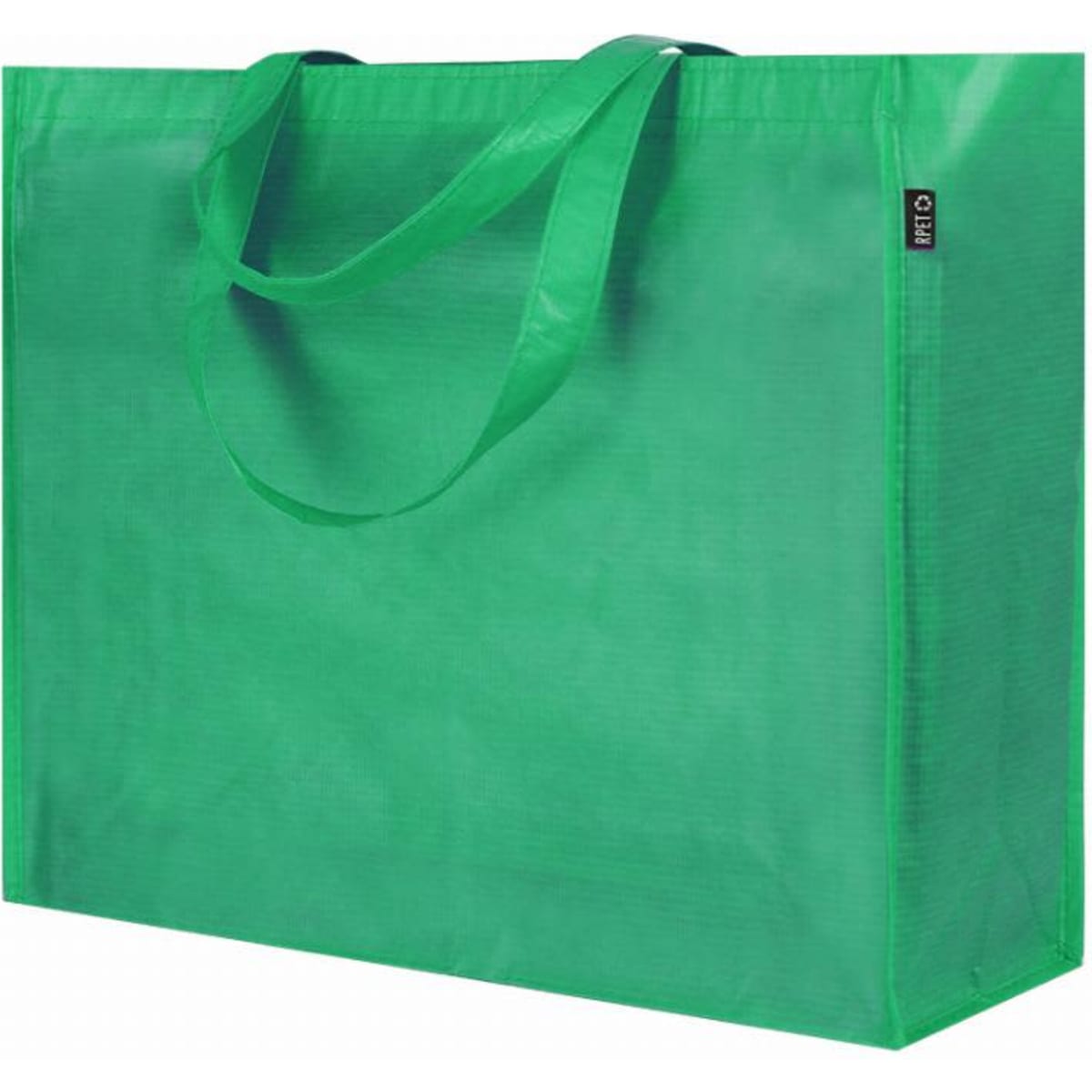 A green tote bag with two handles and a rectangular shape, featuring a small logo.