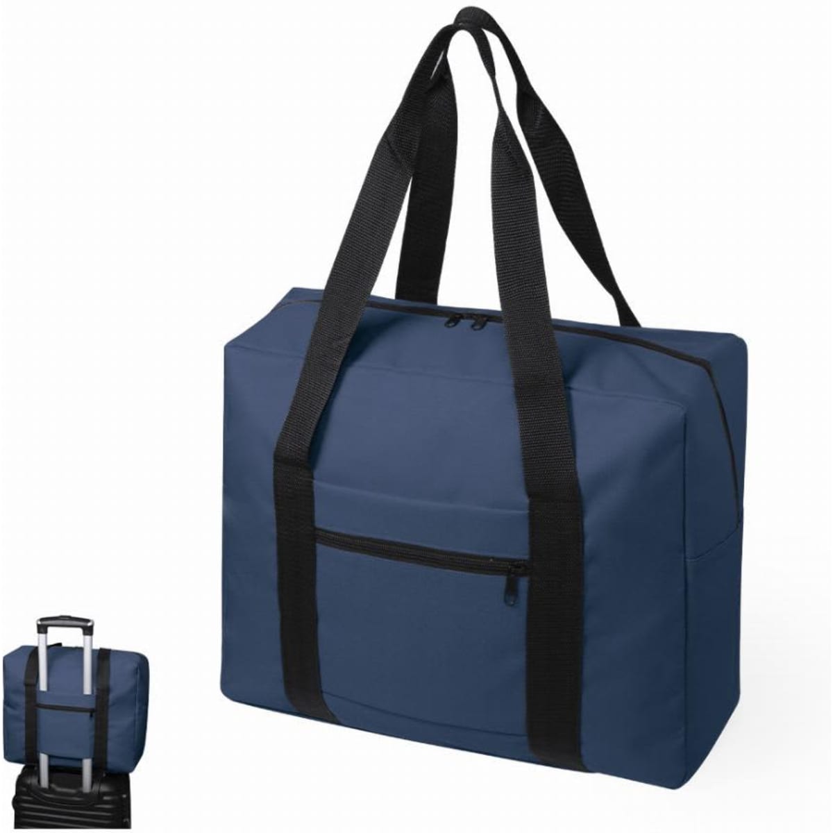 A navy blue tote bag with black straps and a front pocket, featuring a collapsible handle in a separate image.