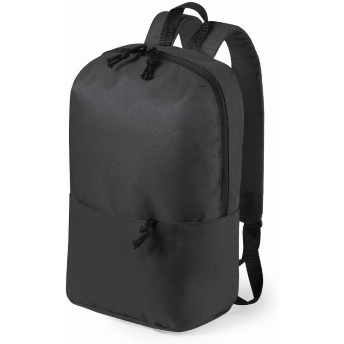 A black backpack with a smooth finish, featuring adjustable straps and a front pocket. It has a simple, sleek design.