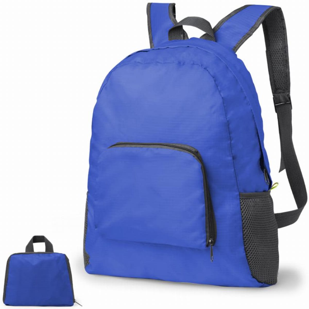 A blue backpack with a front pocket and side mesh panels, alongside a small folded version of the same bag.