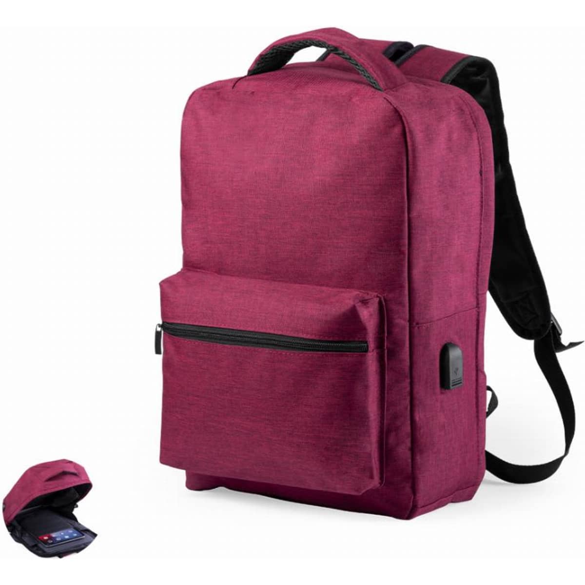 A maroon backpack with a front zip pocket and dual shoulder straps, featuring a logo on the side.