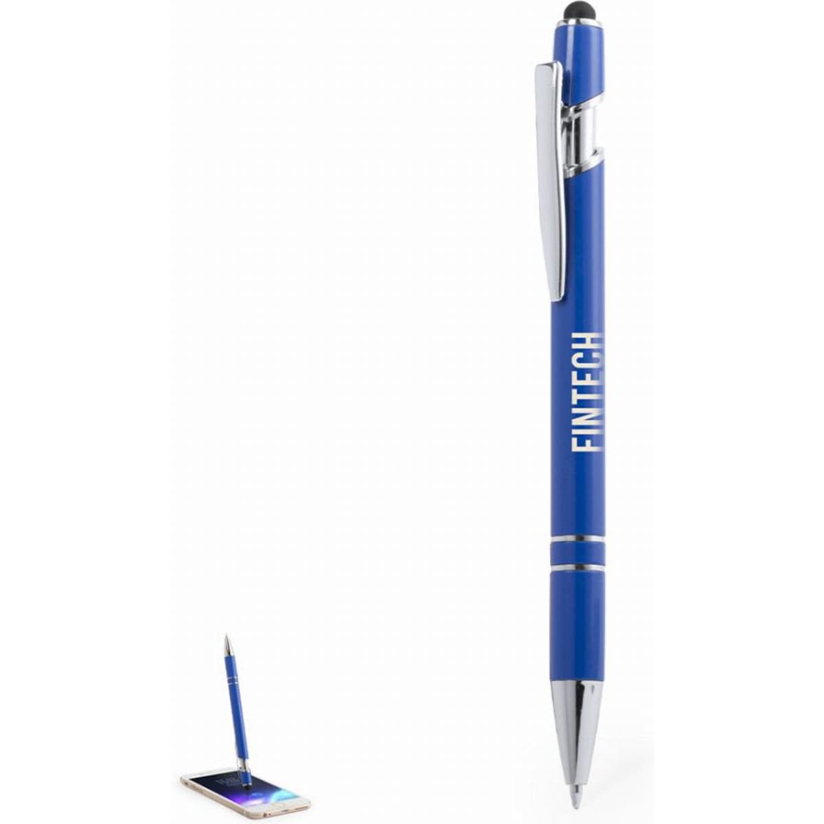 A blue pen with a shiny silver clip and tip, featuring a stylus on the opposite end. It has a logo on the barrel.
