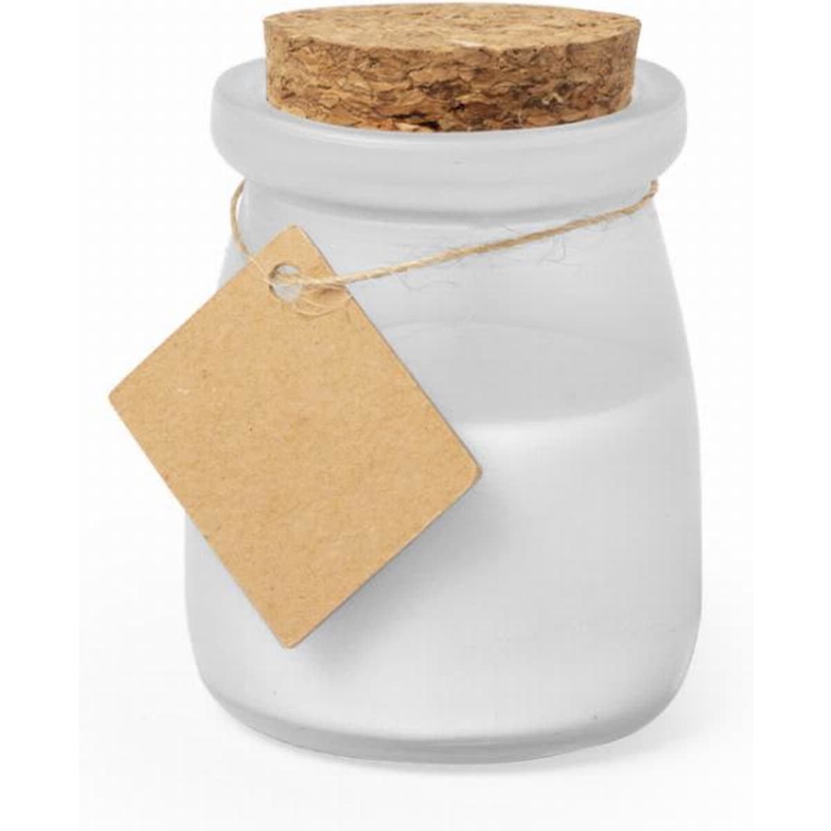 A glass jar with a cork lid, filled with white powder, and a blank label attached by twine.