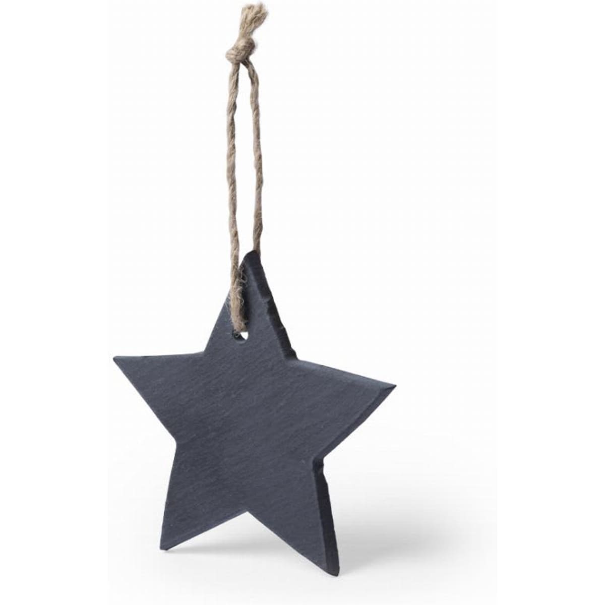 A black star-shaped tag hanging from a jute twine string. Simple and decorative design.