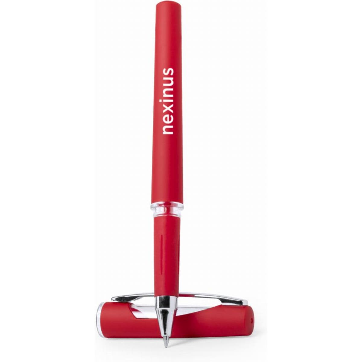 A red pen with a shiny silver clip and a brand logo. The pen is upright next to its cap on a white background.