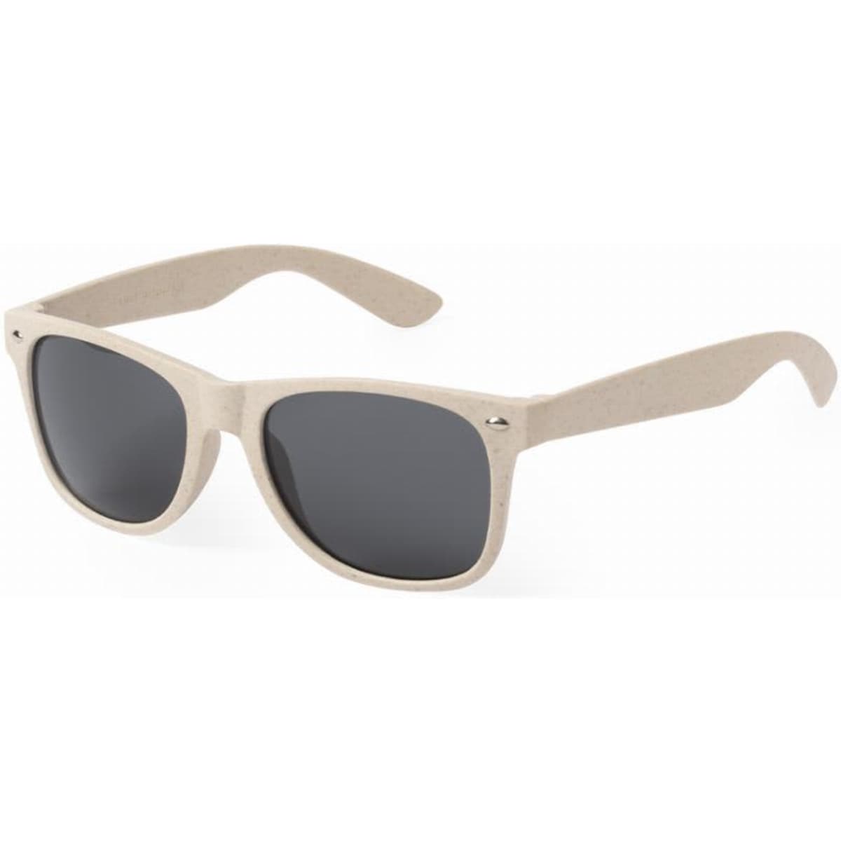 A pair of beige sunglasses with dark lenses and a simple design, featuring a logo on the side.