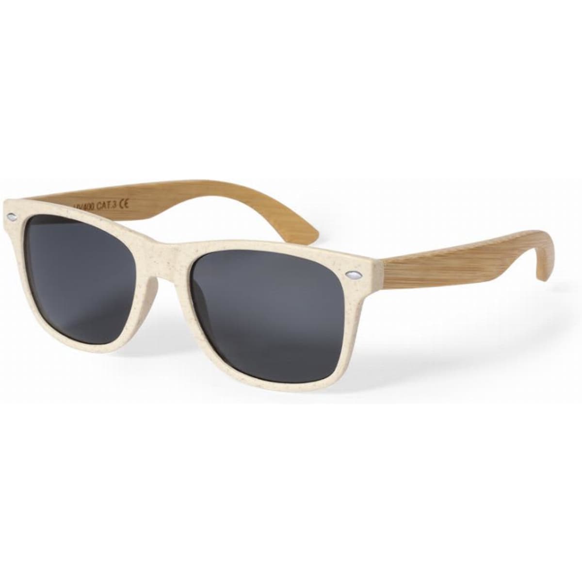 A pair of sunglasses with a light wood frame and dark lenses, featuring a logo on the side.