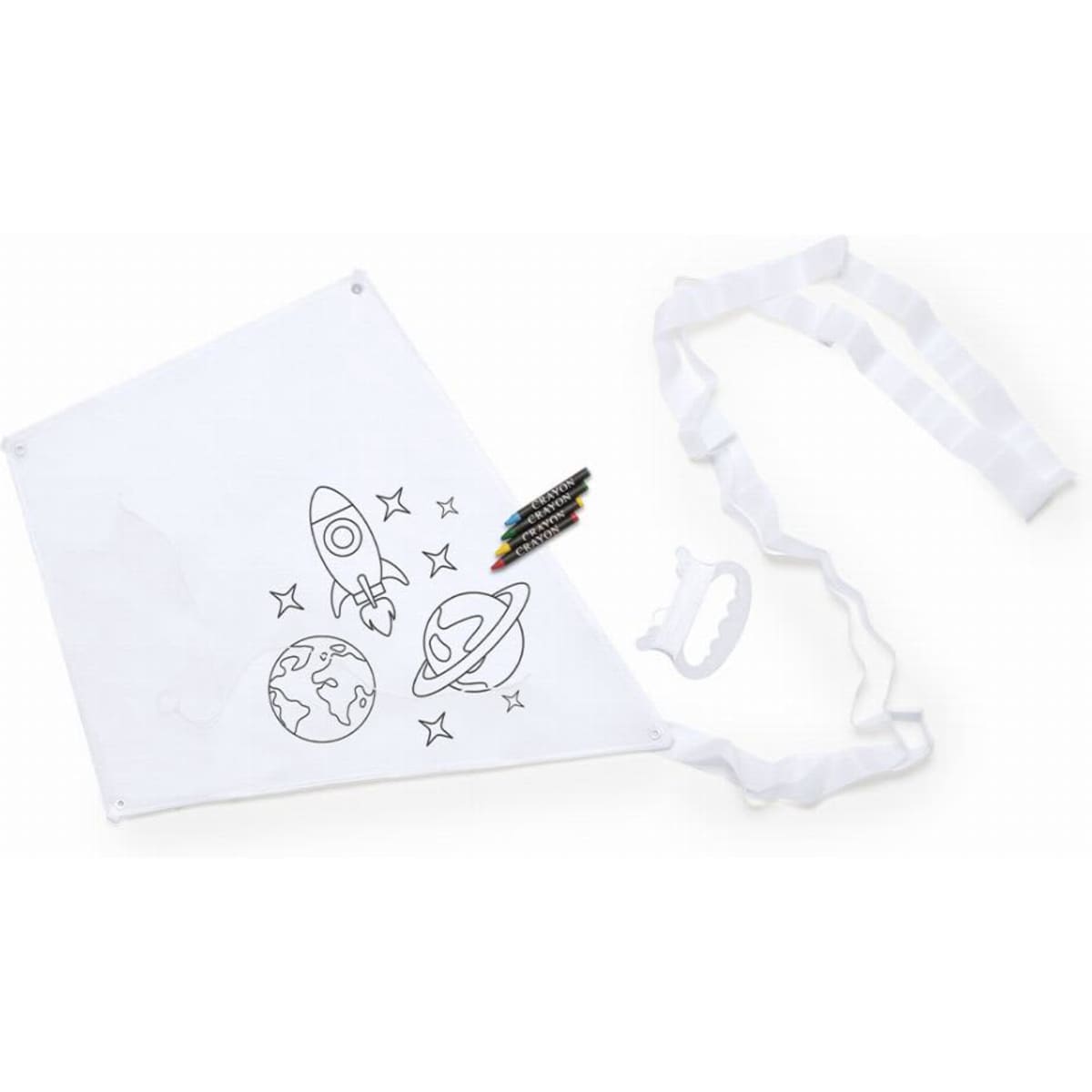 A colouring kit featuring a white canvas with space-themed outlines, colourful markers, and a white tying ribbon.