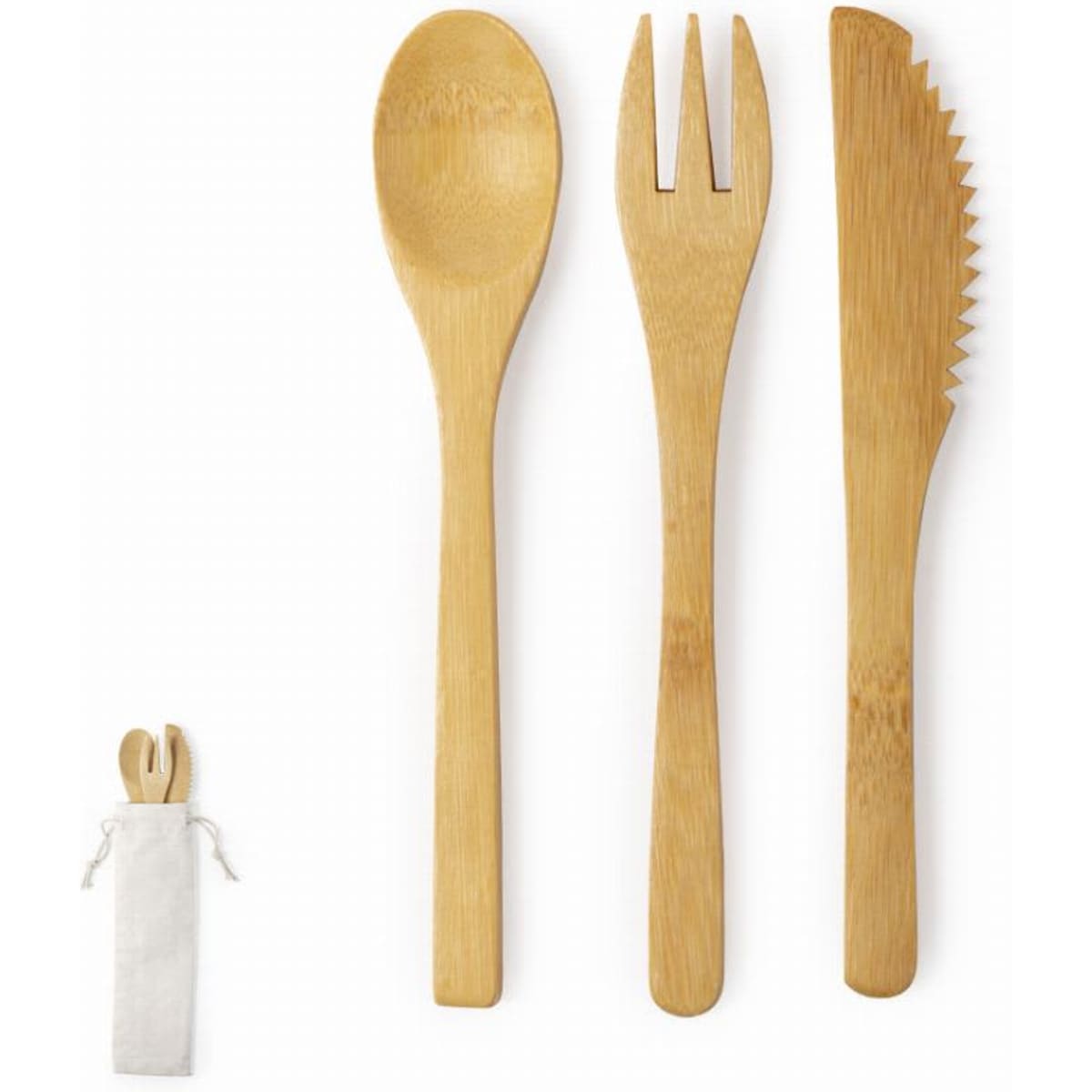 A set of bamboo cutlery including a spoon, fork, and knife, packaged in a small cloth bag.