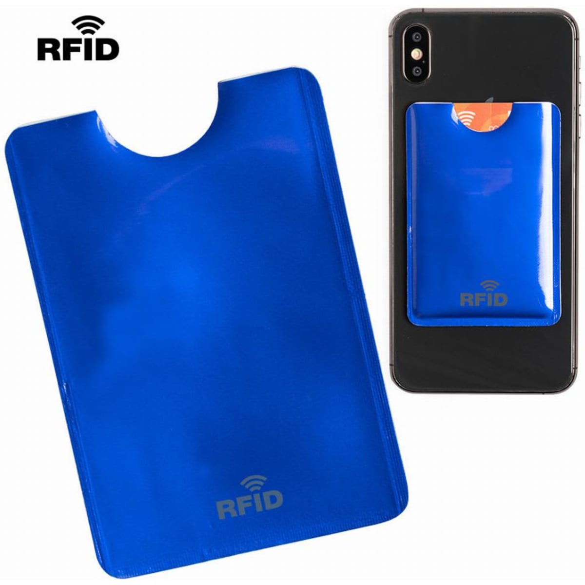 A blue RFID blocking card holder displayed next to a smartphone, featuring a logo.